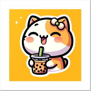 cute cat drinking boba Posters and Art